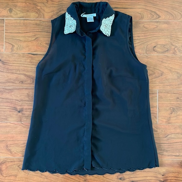 COPY - Dizzy Lizzy Black Beaded Sleeveless Button Down Scallop Trim Sheer Mesh … - Picture 1 of 10